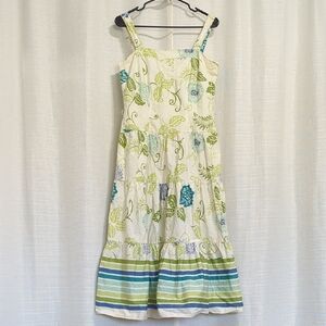 Danny & Nicole Summer Maxi Dress 8 Beige Green Floral Strap Tiered Lined